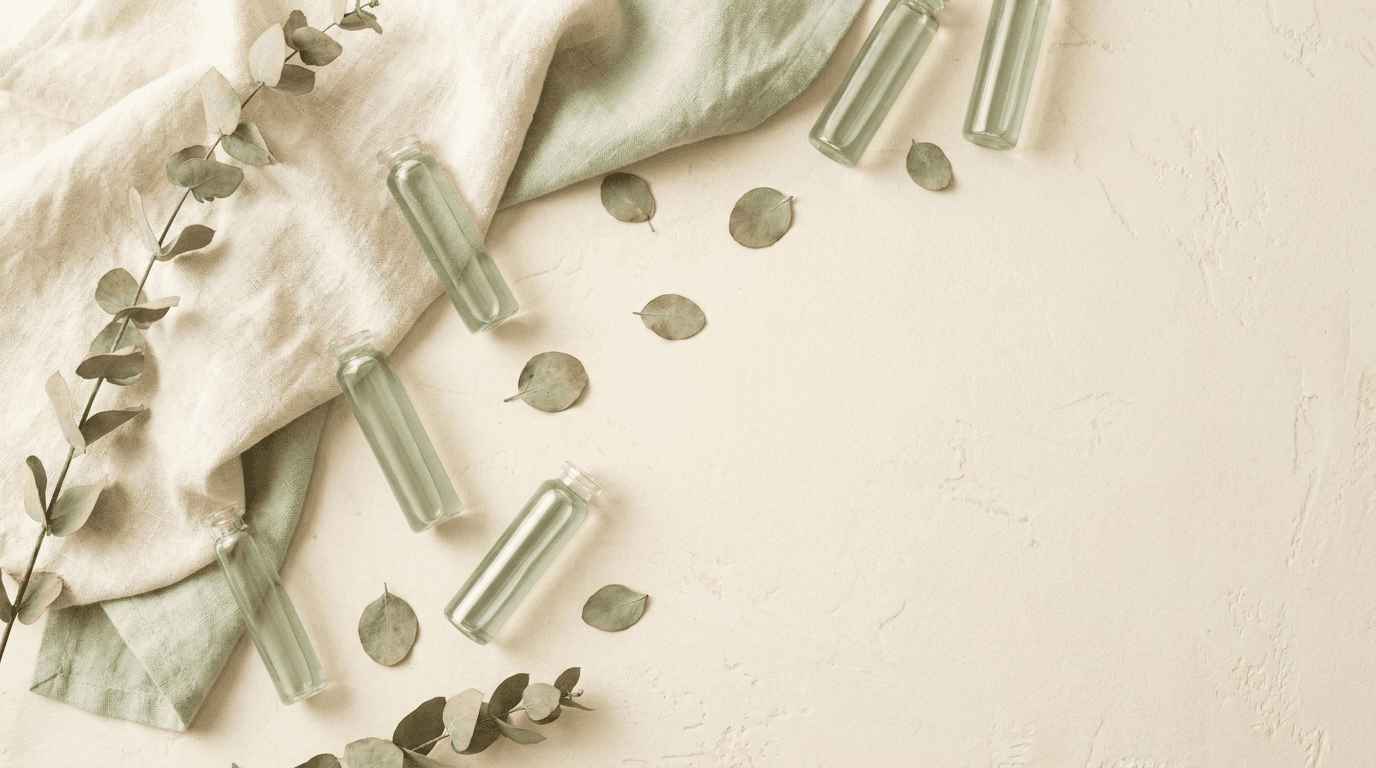 Overhead arrangement of U.S.-made peptide vials with eucalyptus on cream